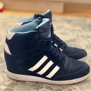 High top adidas with wedge navy with white stripes